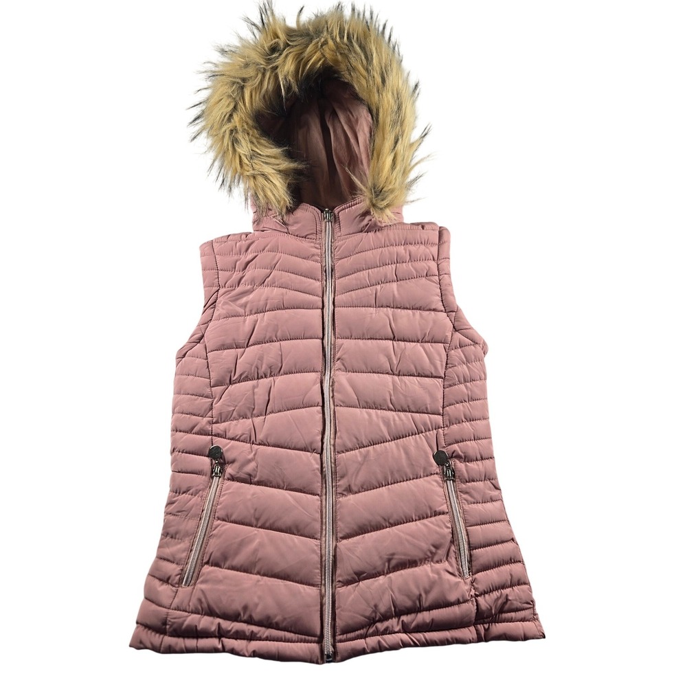 YMI Pink Puffer Vest Womens Small Faux Fur Hood Y2K Coquette Ski Quilted